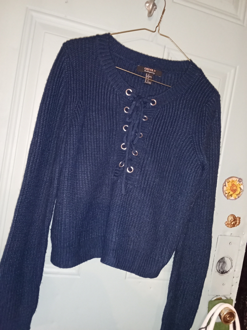 Forever 21 Navy Lace-Up Ribbed Crewneck Sweater